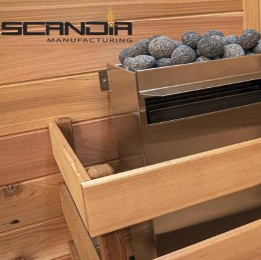 Scandia 4.5KW Electric Sauna Heater installed inside a premium wooden sauna. Featuring stainless steel construction, efficient heating, and protective safety railings for optimal performance and user safety.