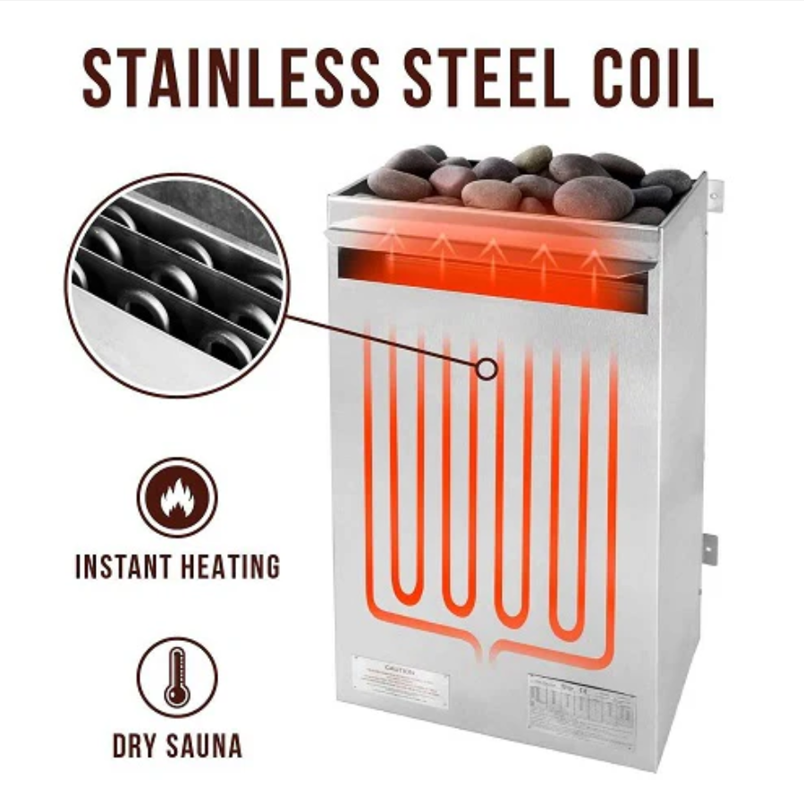 Scandia 7.5KW Electric Sauna Heater – Stainless steel, wall-mounted heater with high-efficiency stainless steel heating coils for instant heating and a dry sauna experience.