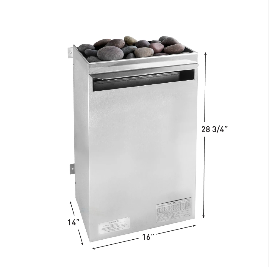 Scandia Electric Sauna Heater with Stones – Stainless steel design, compact 16" x 14" x 28.75" dimensions, efficient heating for home and commercial saunas.