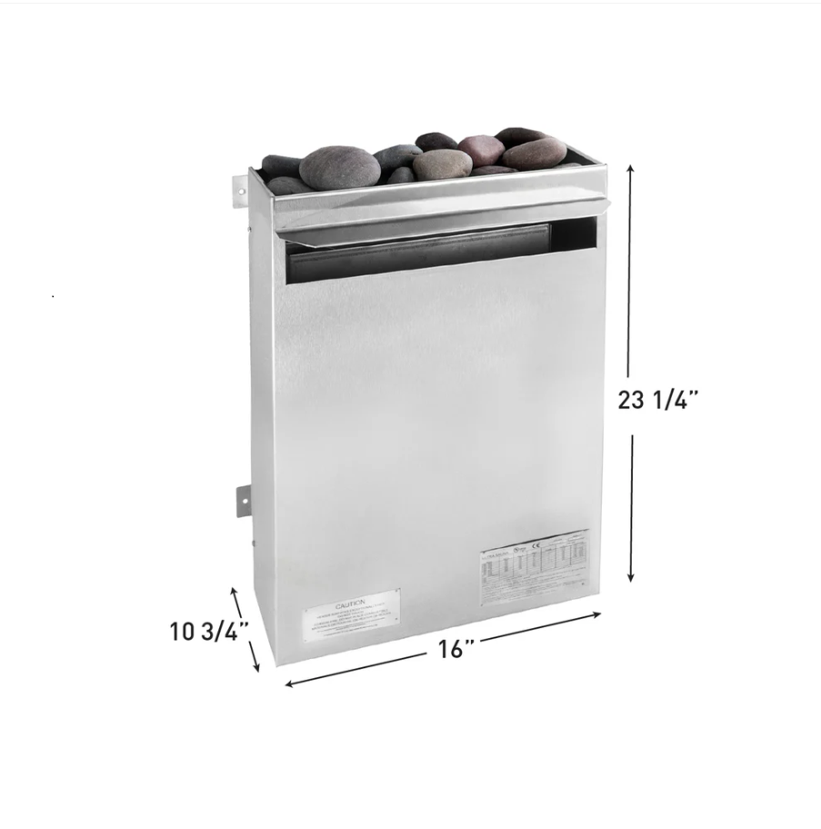 Dimensions of the Scandia Electric Sauna Heater – 4.5KW, showing its compact, wall-mounted stainless steel design with premium sauna stones for efficient heat distribution. Measures 23 1/4" height, 16" width, and 10 3/4" depth.