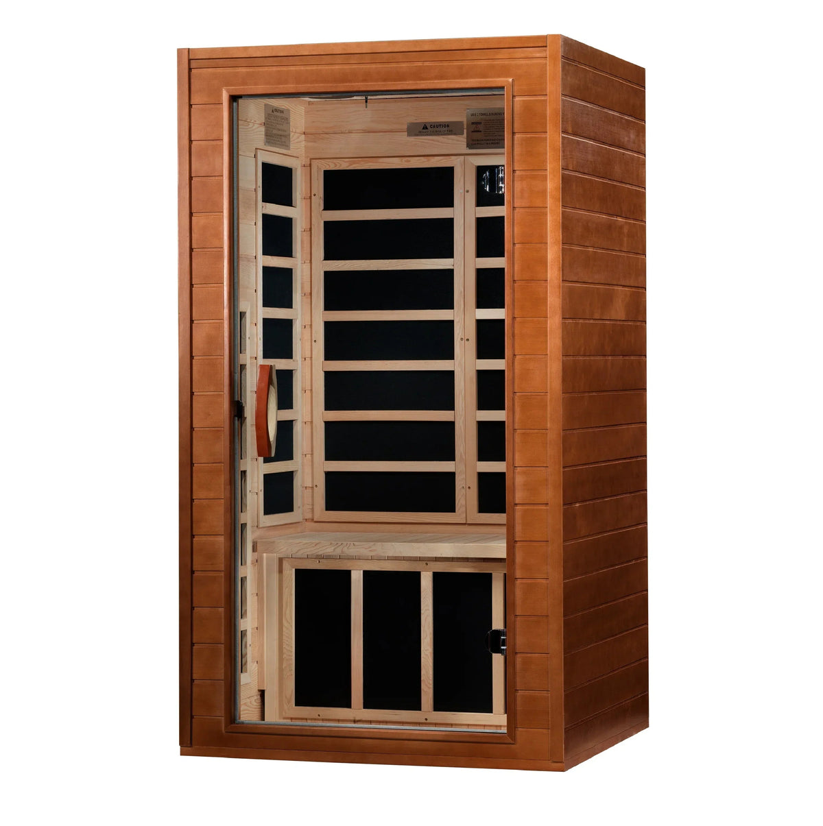 Dynamic Avila 1-2-person infrared sauna with warm-toned wooden panels, clear glass door, and black heating panels