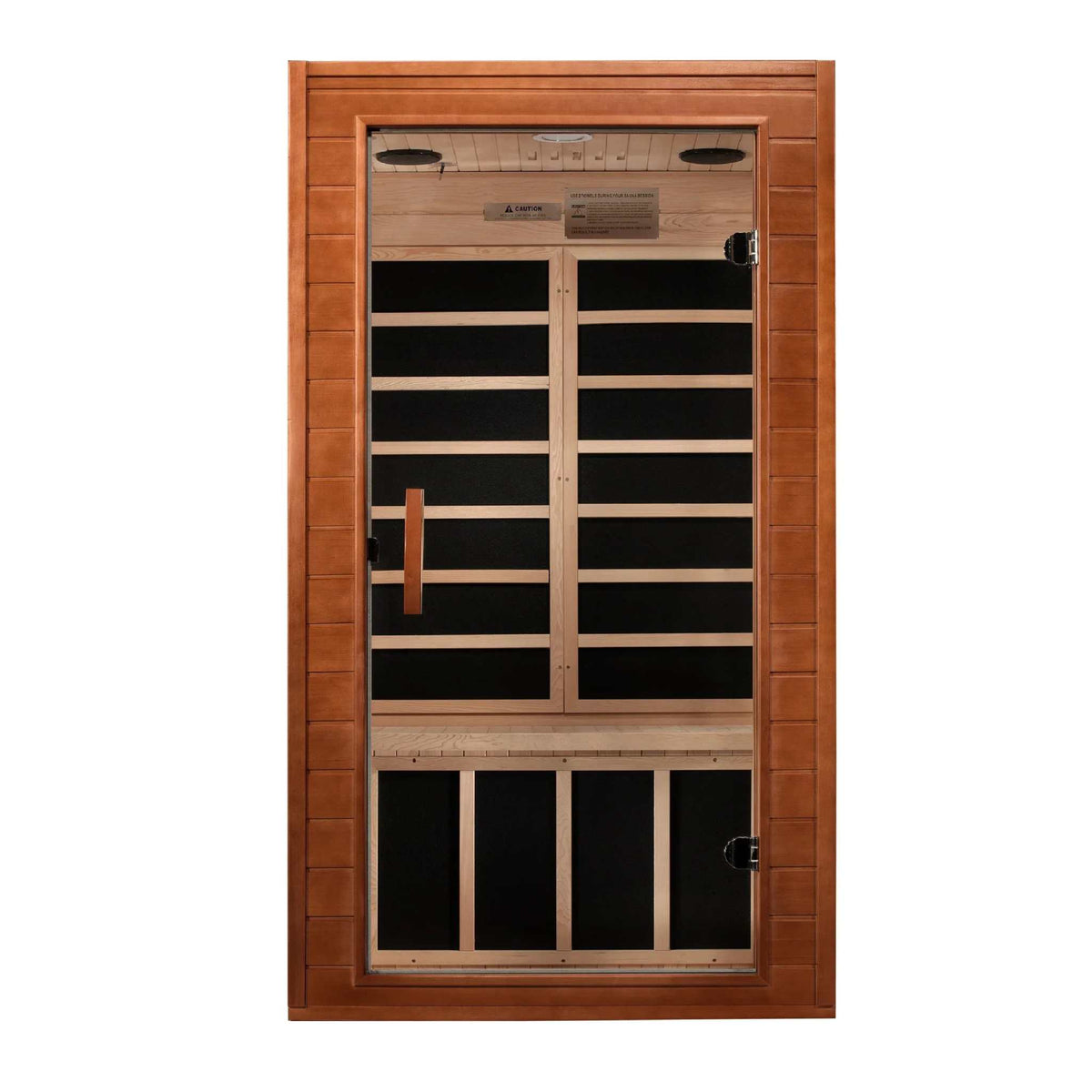 Dynamic Avila Elite infrared sauna with a warm reddish-brown wood frame, black heater panels and glass door