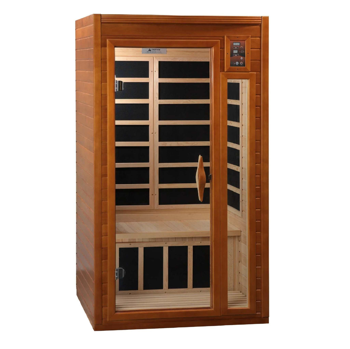 Dynamic Barcelona 1-2-person Low EMF FAR Infrared Sauna in warm honey-brown hemlock, with glass door and side window.