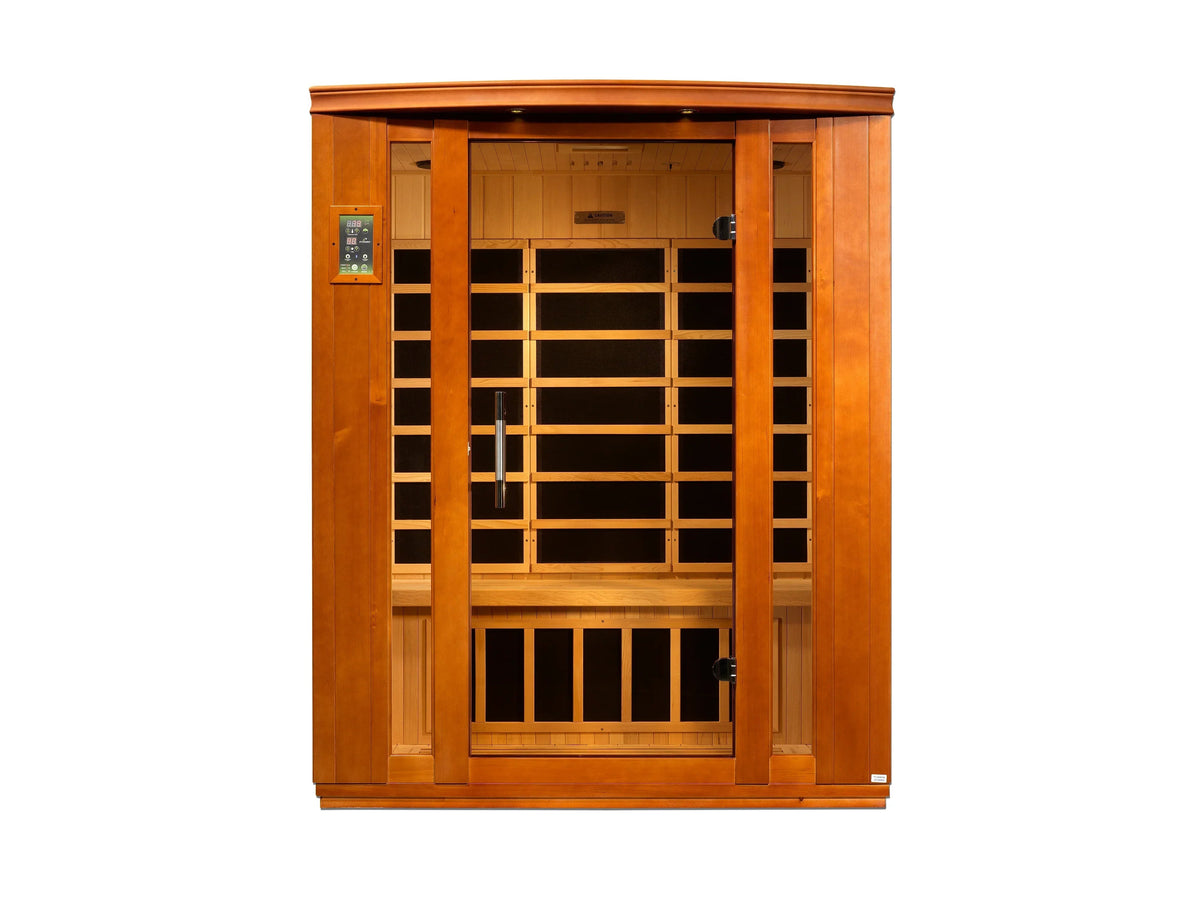 Dynamic Bellagio 3-person infrared sauna in warm honey-brown wood, with a bronze glass front and horizontal heater panels