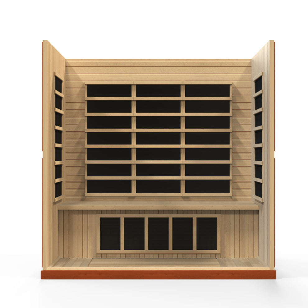 Front cutaway showing interior benching and heater layout of Bergamo Elite sauna