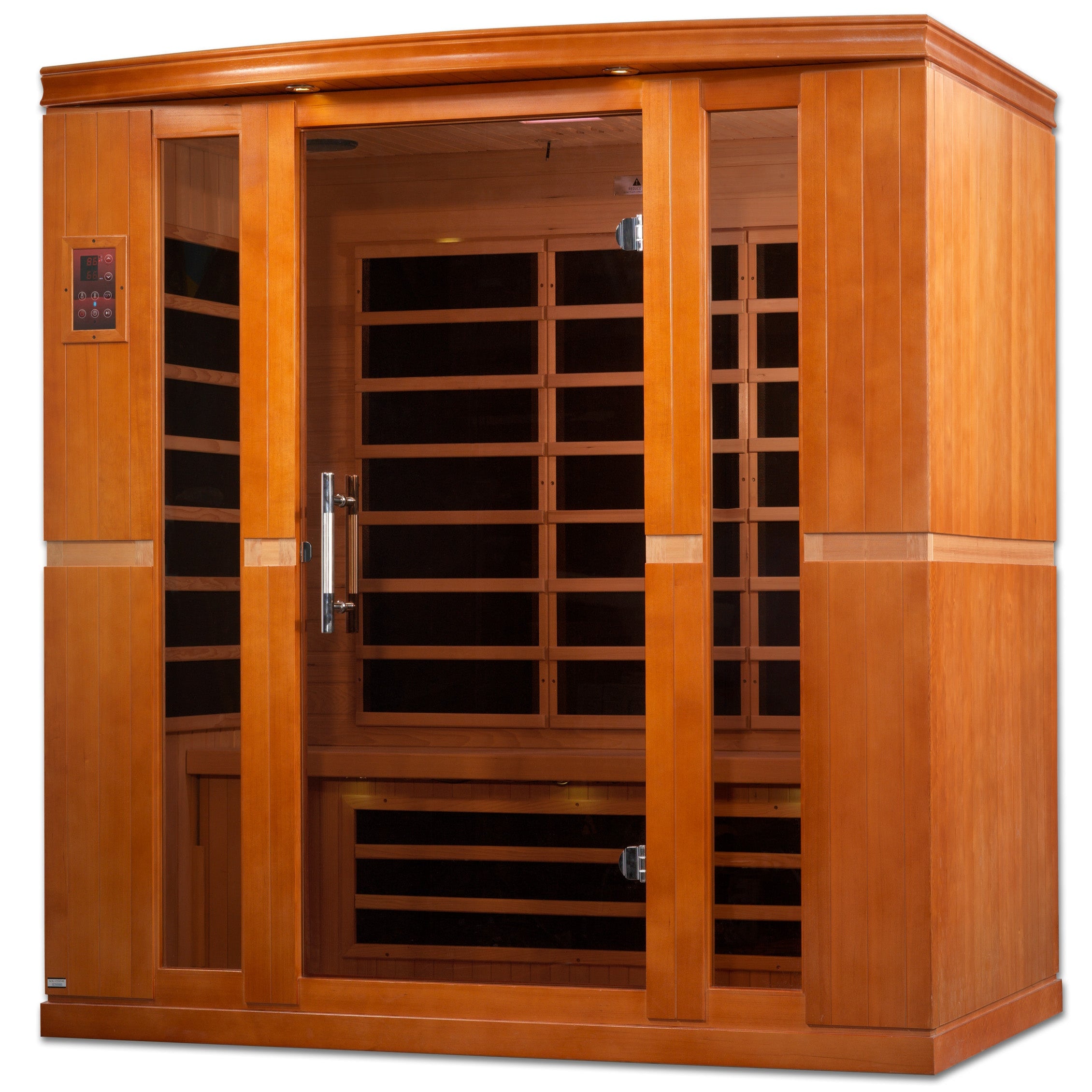 Bergamo Elite 4-person indoor infrared sauna in Canadian Hemlock, three-quarter left view