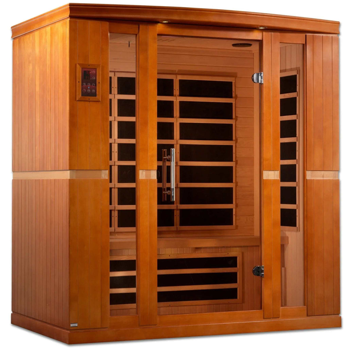 Dynamic Bergamo Elite infrared sauna in warm Canadian hemlock wood, with bronze-tinted glass door and side windows