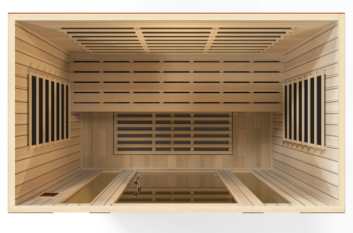 Overhead interior view with floor heaters and ceiling vents in Bergamo Elite sauna