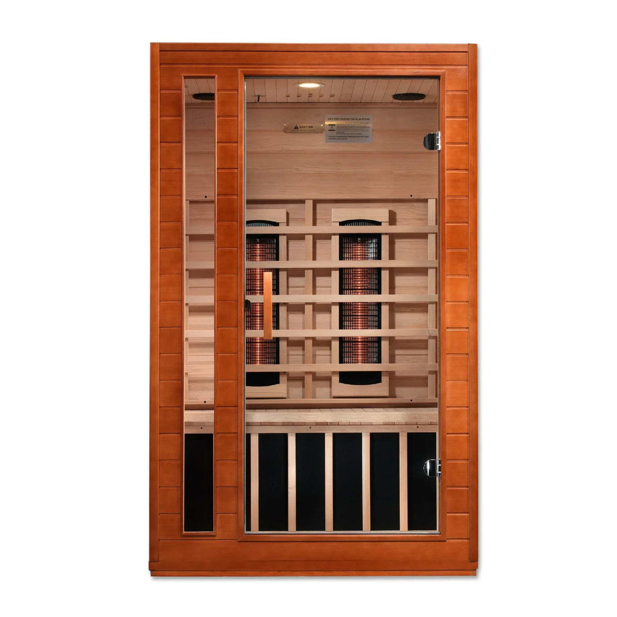 Dynamic Cardoba 2-Person infrared sauna with warm-toned wood panels, clear glass door, and visible interior heaters