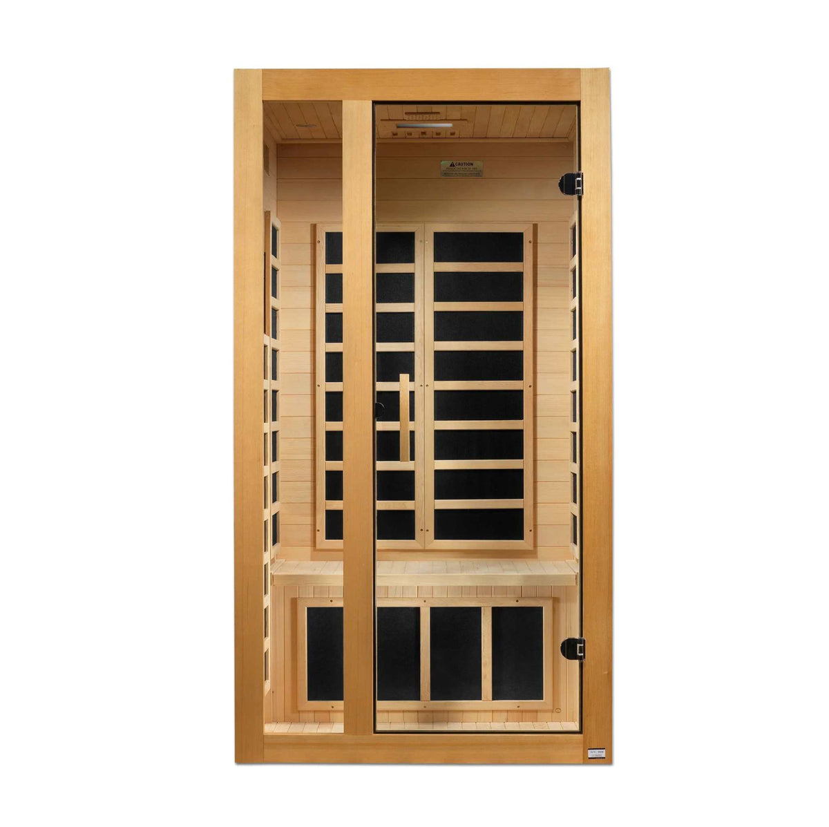 Dynamic Gracia Elite infrared sauna in light wood with clear glass door and visible black heater panels inside
