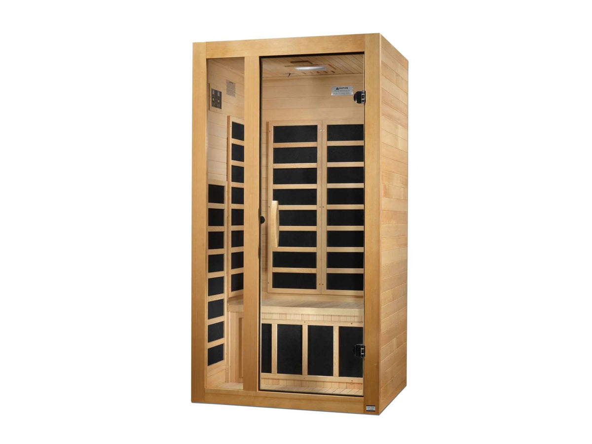 Dynamic Gracia infrared sauna with a natural light wood cabin, clear glass door and black heater panels lining the interior