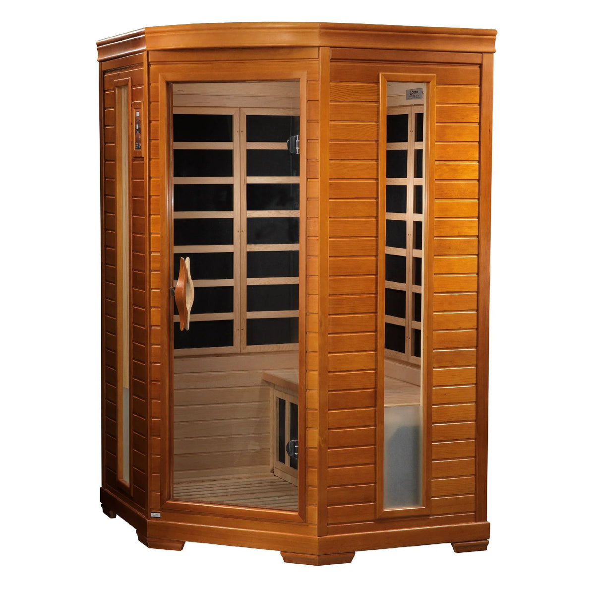 Dynamic Heming 2-person Corner Low EMF sauna in warm honey-brown wood, with a corner design and bronze-tinted glass door and side windows
