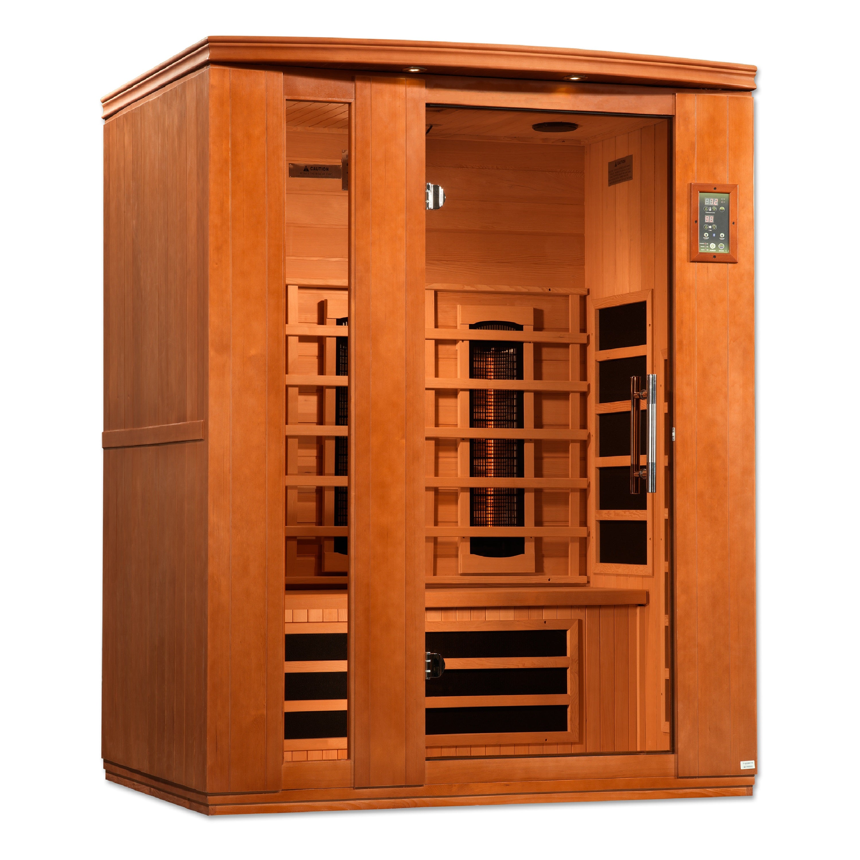 Angled front left view of Dynamic Lugano 3-Person infrared sauna in Canadian Hemlock