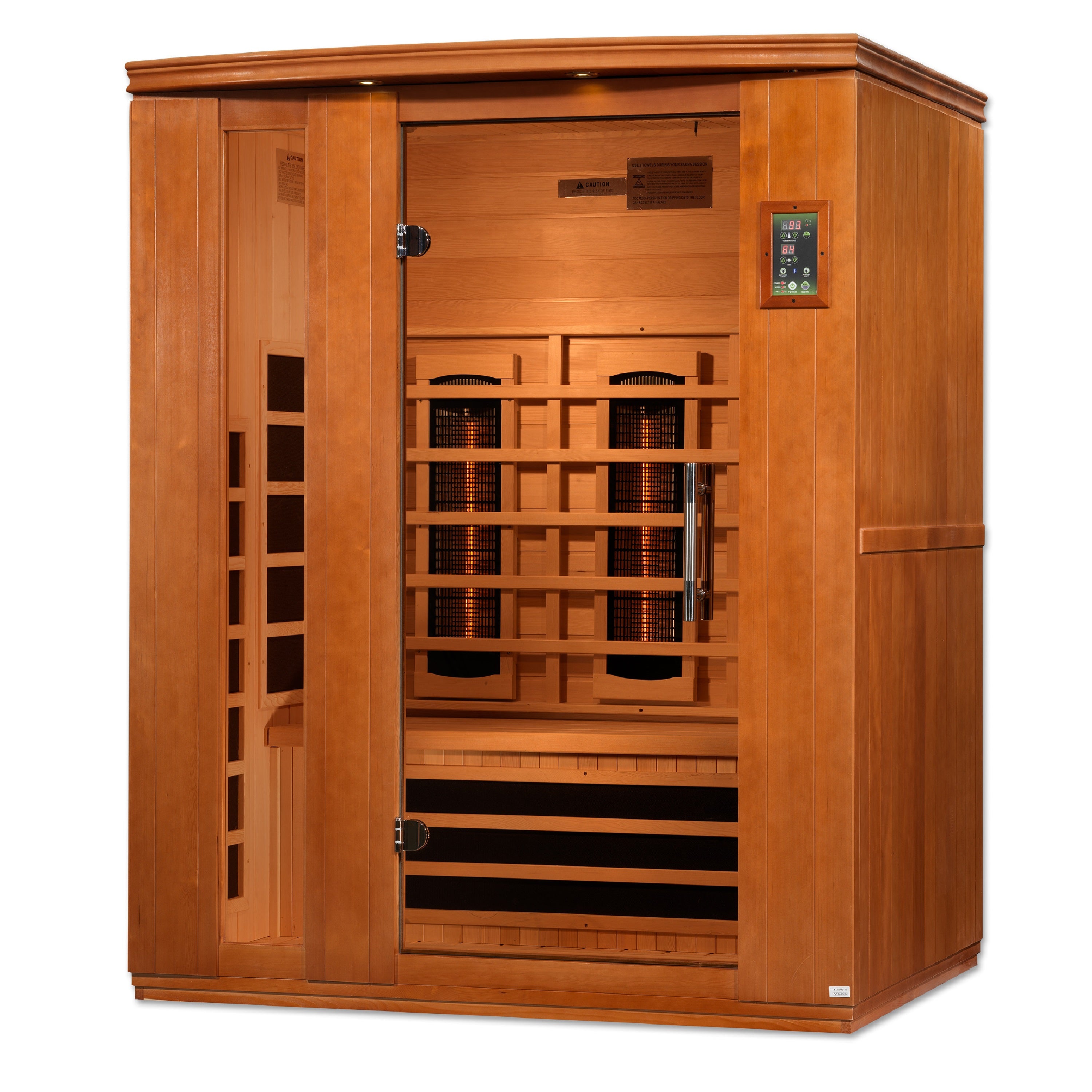 Dynamic Lugano 3-Person infrared sauna angled front right perspective with LED panel