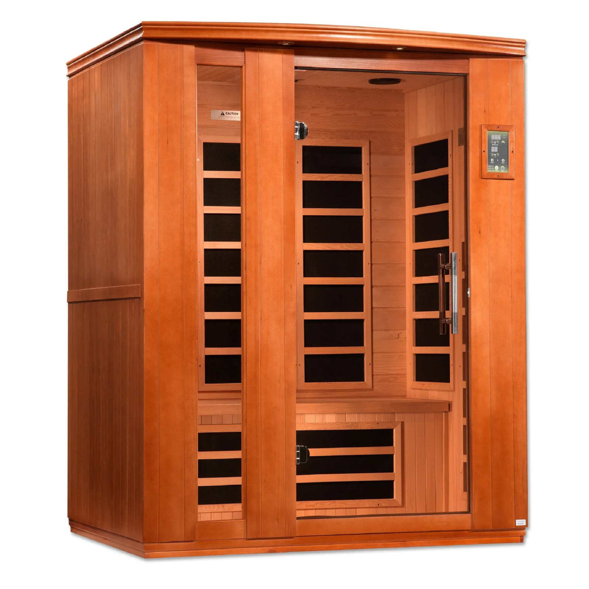 Dynamic Lugano 3-person Low EMF FAR Infrared Sauna in warm reddish-brown wood with glass door and visible black heater panels