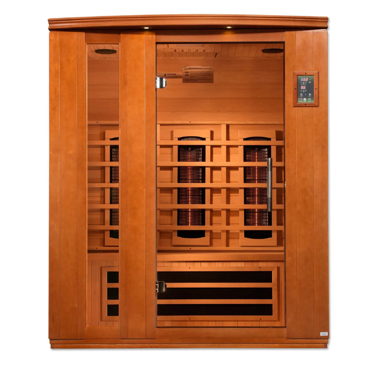 Dynamic Lugano 3-Person infrared sauna in warm natural wood, with glass front, control panel and visible heating elements