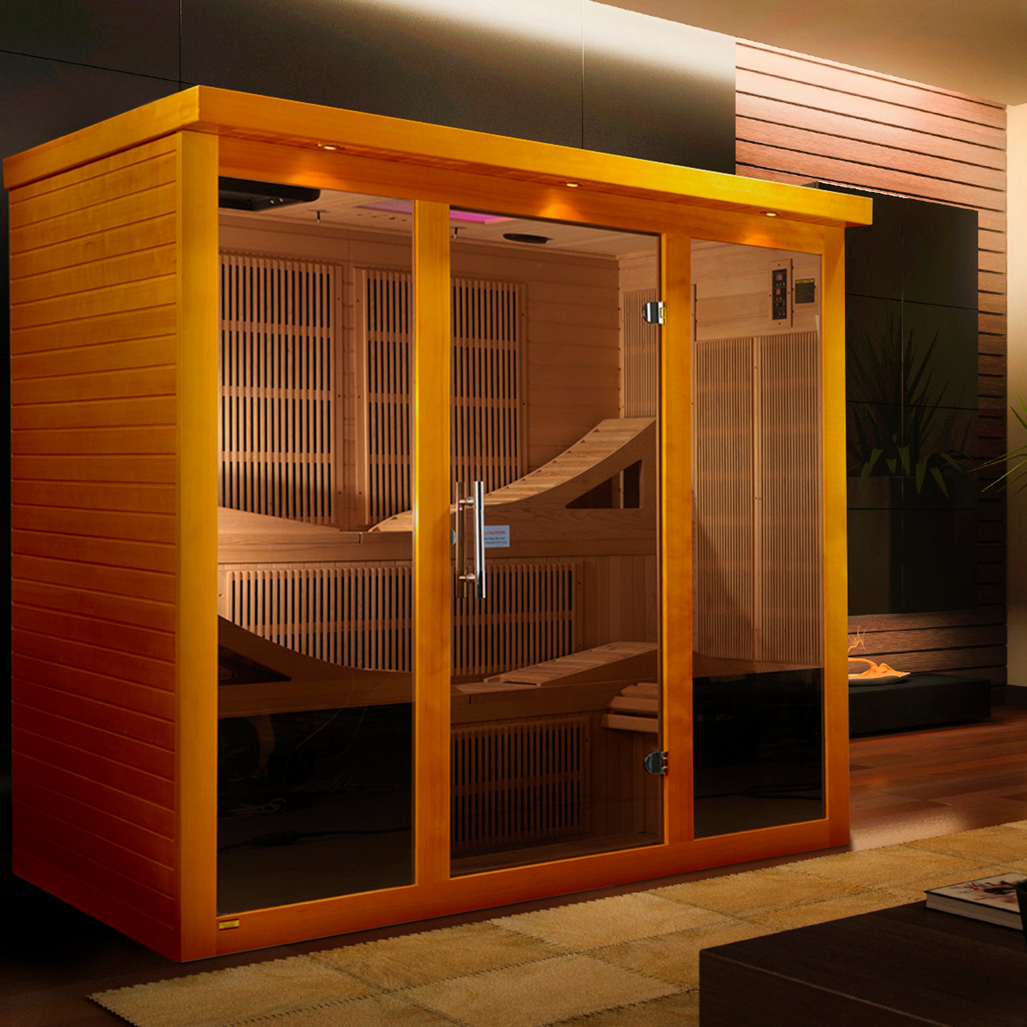 Dynamic Monaco Elite 6-person infrared sauna installed in a warm modern living space