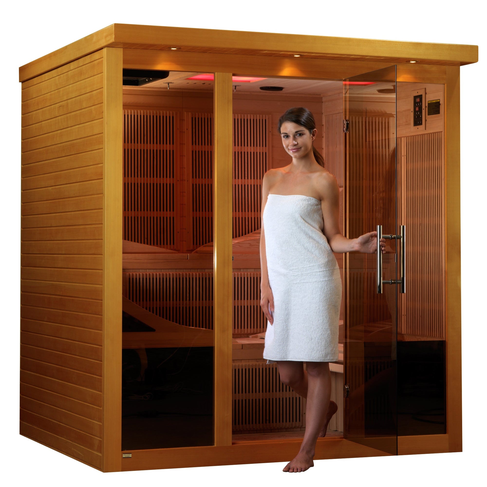 Monaco Elite 6-person ultra low EMF infrared sauna with model at the door three-quarter right view