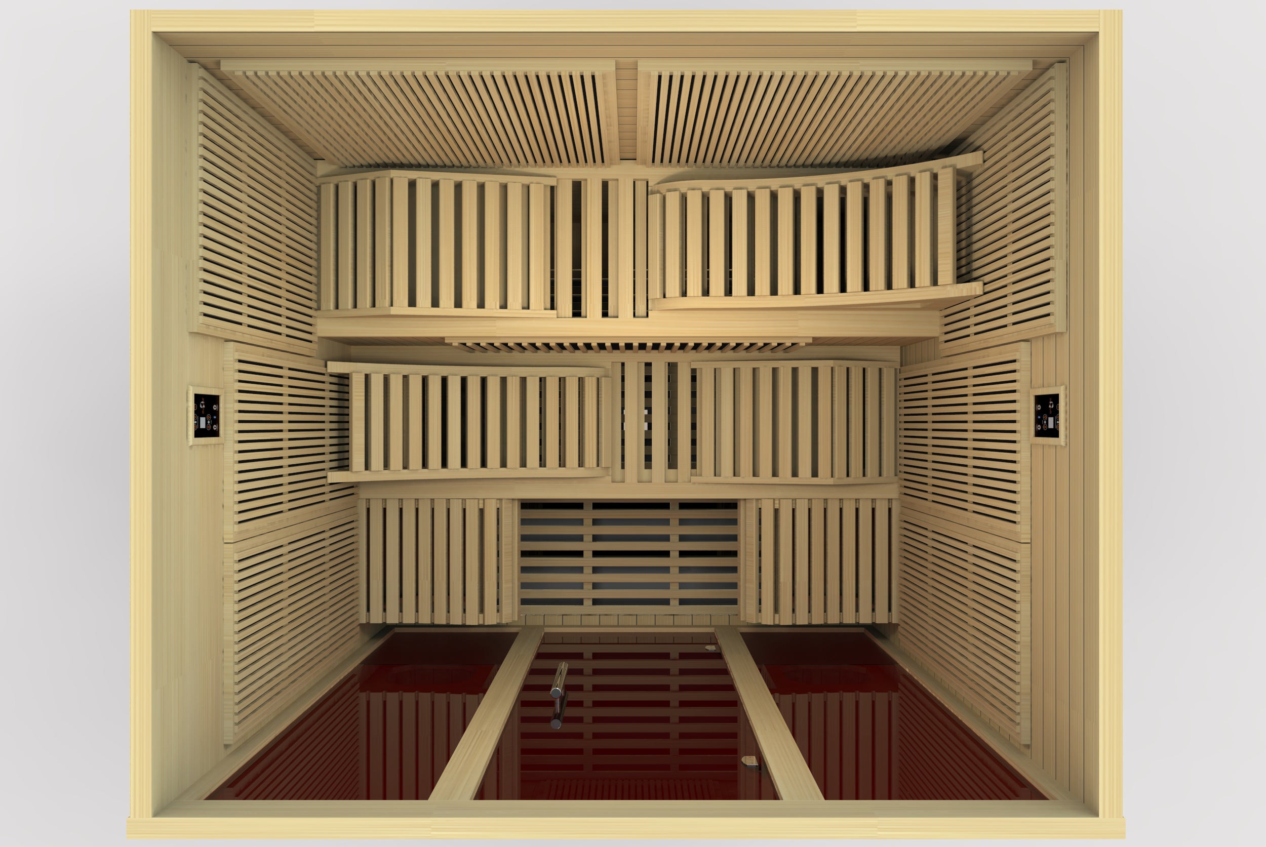 Overhead interior of Monaco Elite infrared sauna showing lounge seating heater layout and ceiling lighting