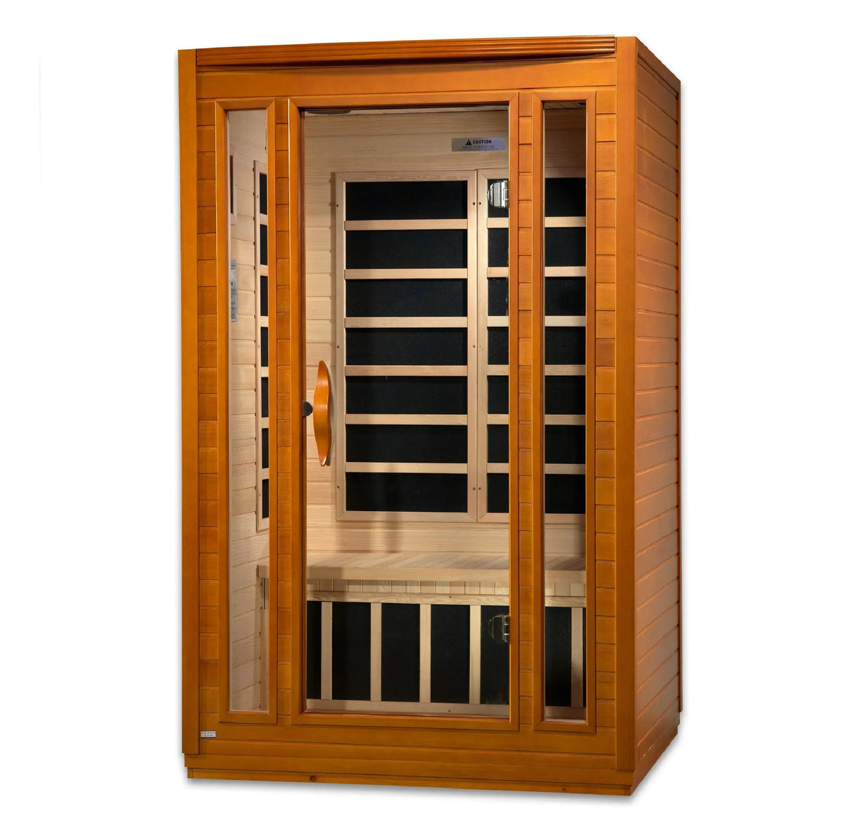 Dynamic San Marino 2-person Low EMF FAR Infrared Sauna in warm natural wood, with a clear glass door and black heater panels