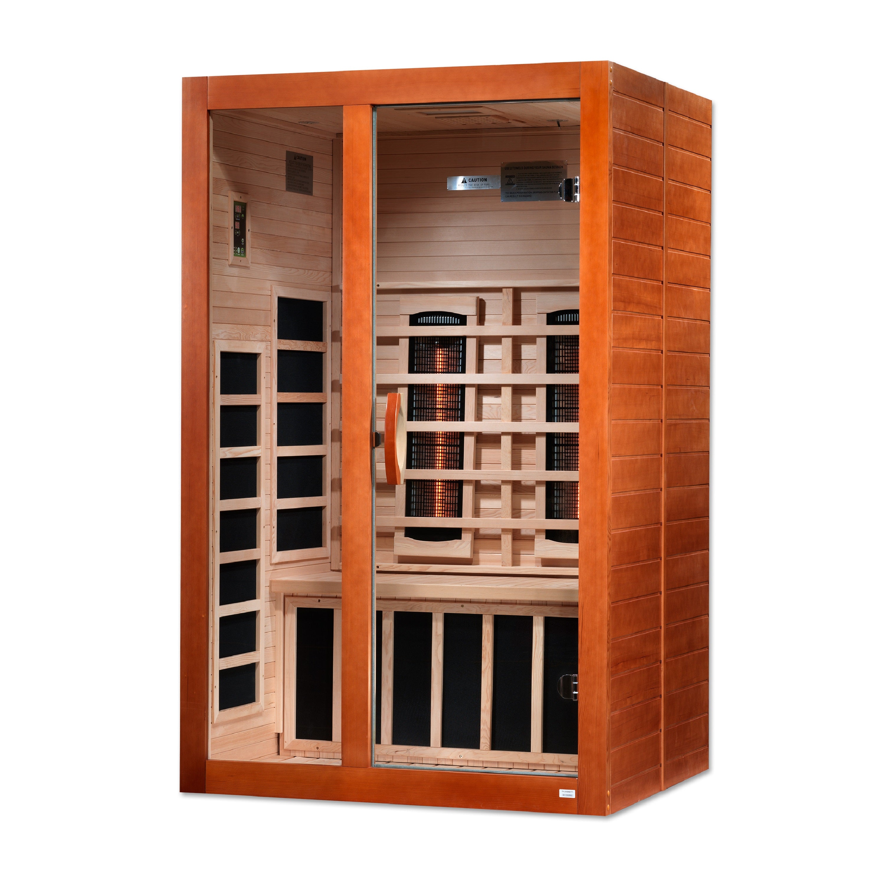Dynamic Santiago 2-Person full spectrum infrared sauna right-side perspective with heater layout