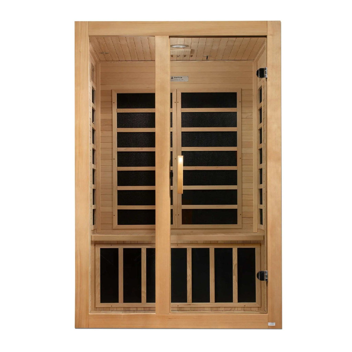 Dynamic Santiago 2-person infrared sauna in natural light wood, with clear glass door and visible black heating panels