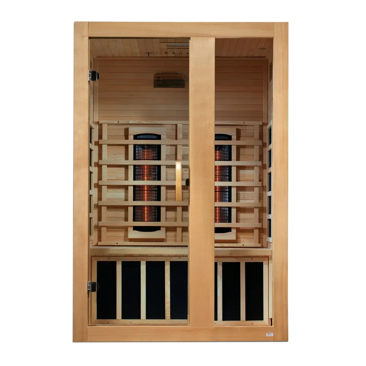 Dynamic Serena 2-Person infrared sauna in natural blond wood, with a clear glass door and visible interior heaters