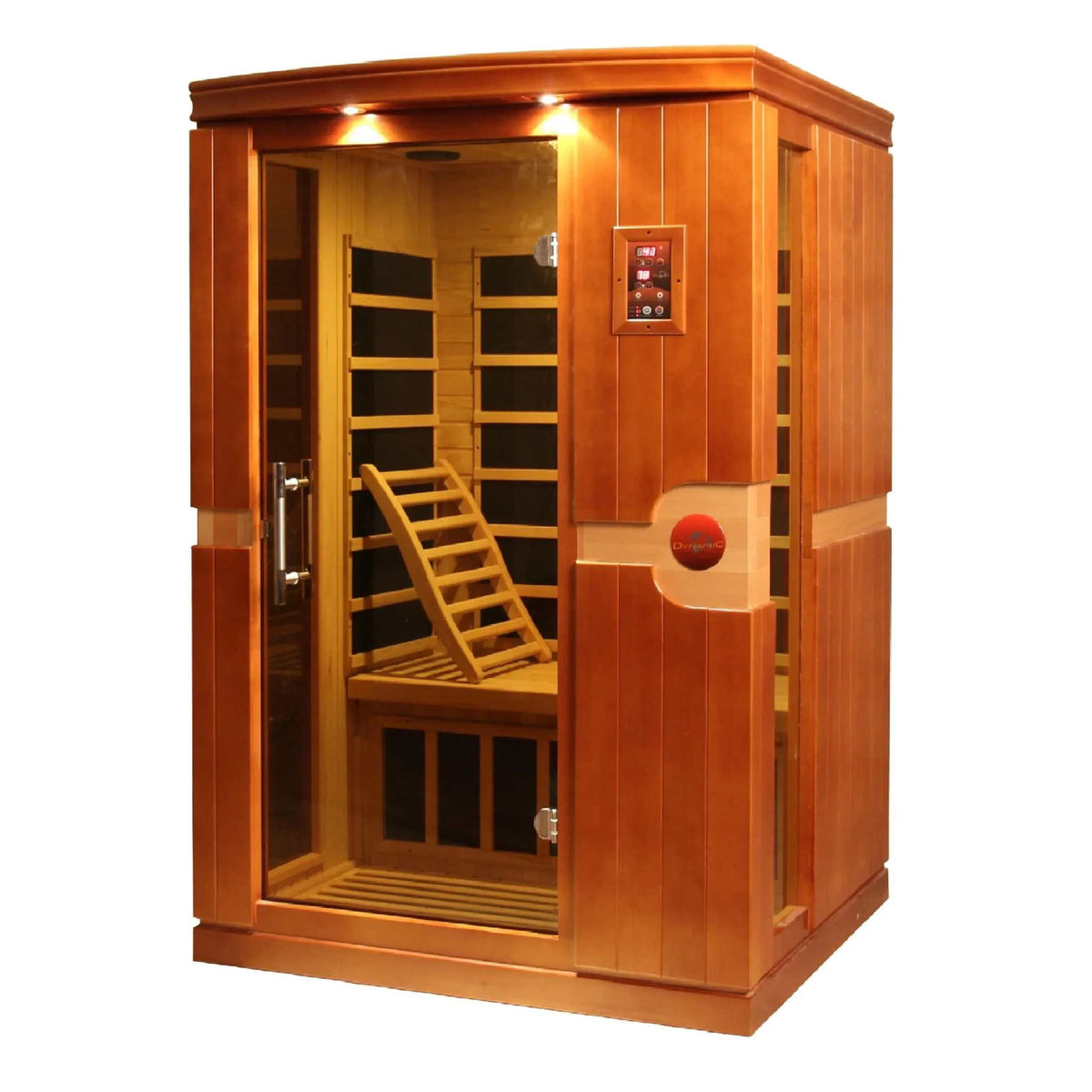 Dynamic Venice 2-person Low EMF FAR Infrared Sauna in warm orange-brown wood, with glass door, bench, and black heater panels