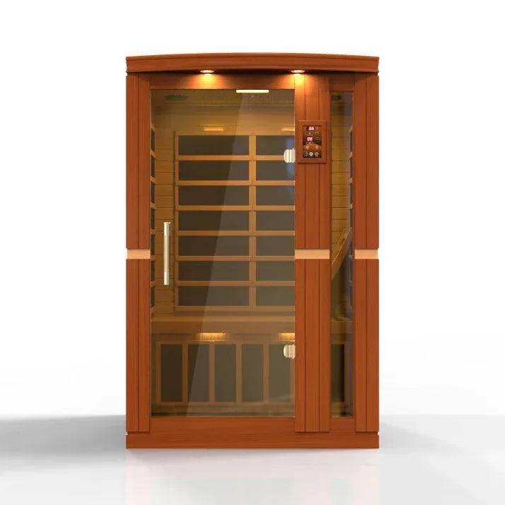 Infrared sauna, Dynamic Vittoria Elite, with reddish-brown wood panels, bronze-tinted glass door and side windows