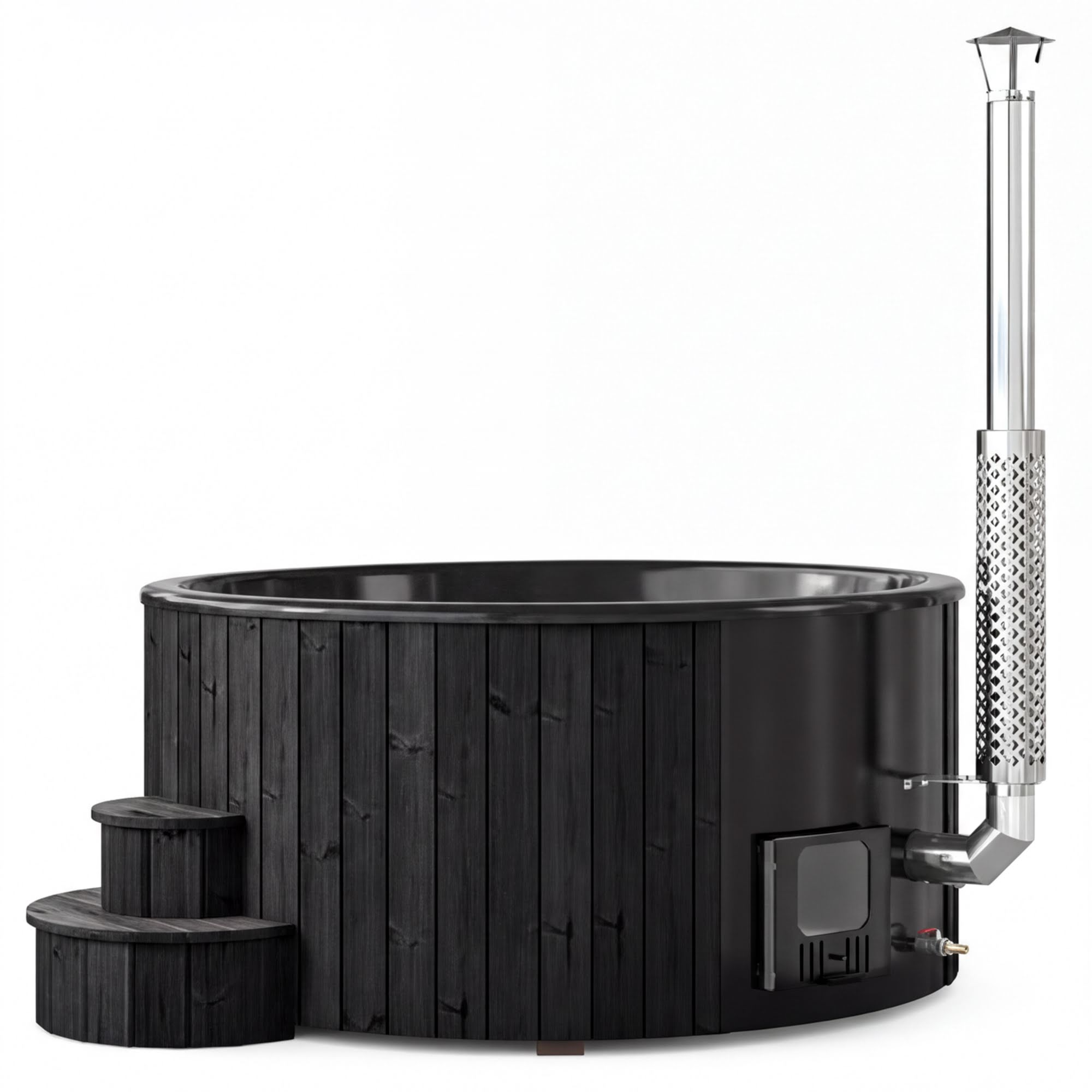 A large black hot tub with a metal chimney on the side, set against a white background.