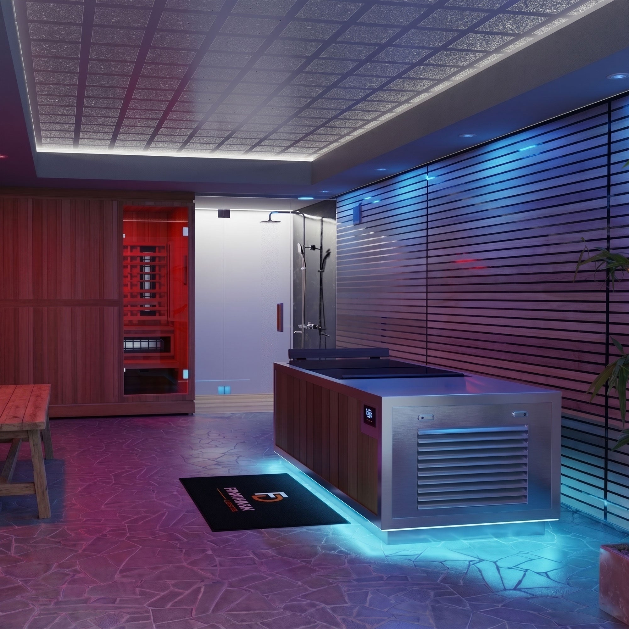 Finnmark SoulCold plunge beside a home sauna in a premium contrast therapy room