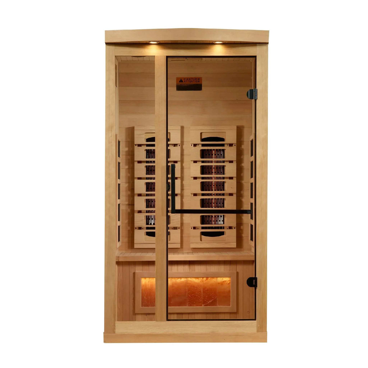 Golden Designs 1–2-Person infrared sauna in natural hemlock wood, with bronze glass door and visible interior heaters