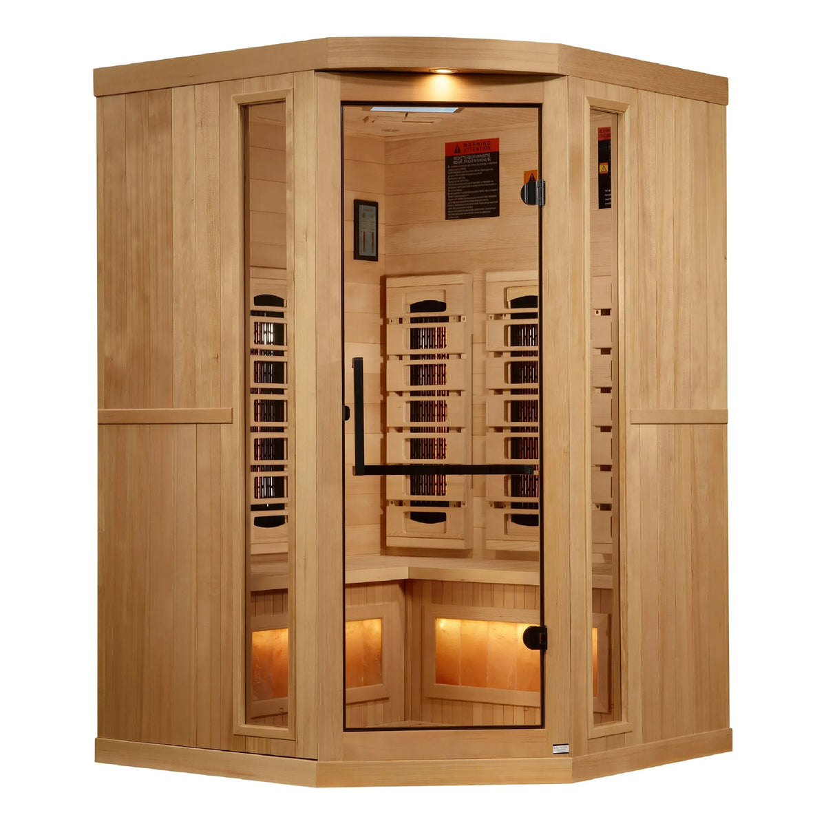 Golden Designs 3-Person Corner infrared sauna in light natural wood with a bronze-tinted glass door and corner design