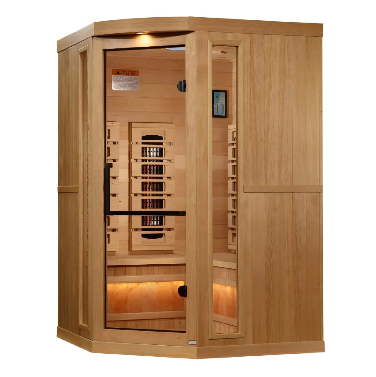 Golden Designs 3-Person Corner sauna in natural light wood with bronze-tinted glass door and tall narrow side window