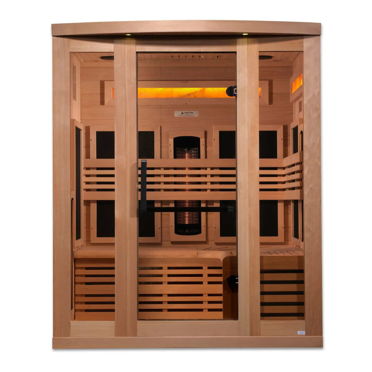 Golden Designs 3-Person infrared sauna in natural hemlock wood with bronze-tinted glass door and slatted benches