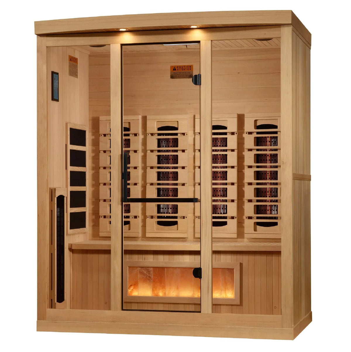 Golden Designs 4-Person infrared sauna in natural hemlock wood, with a bronze glass door and visible heater panels