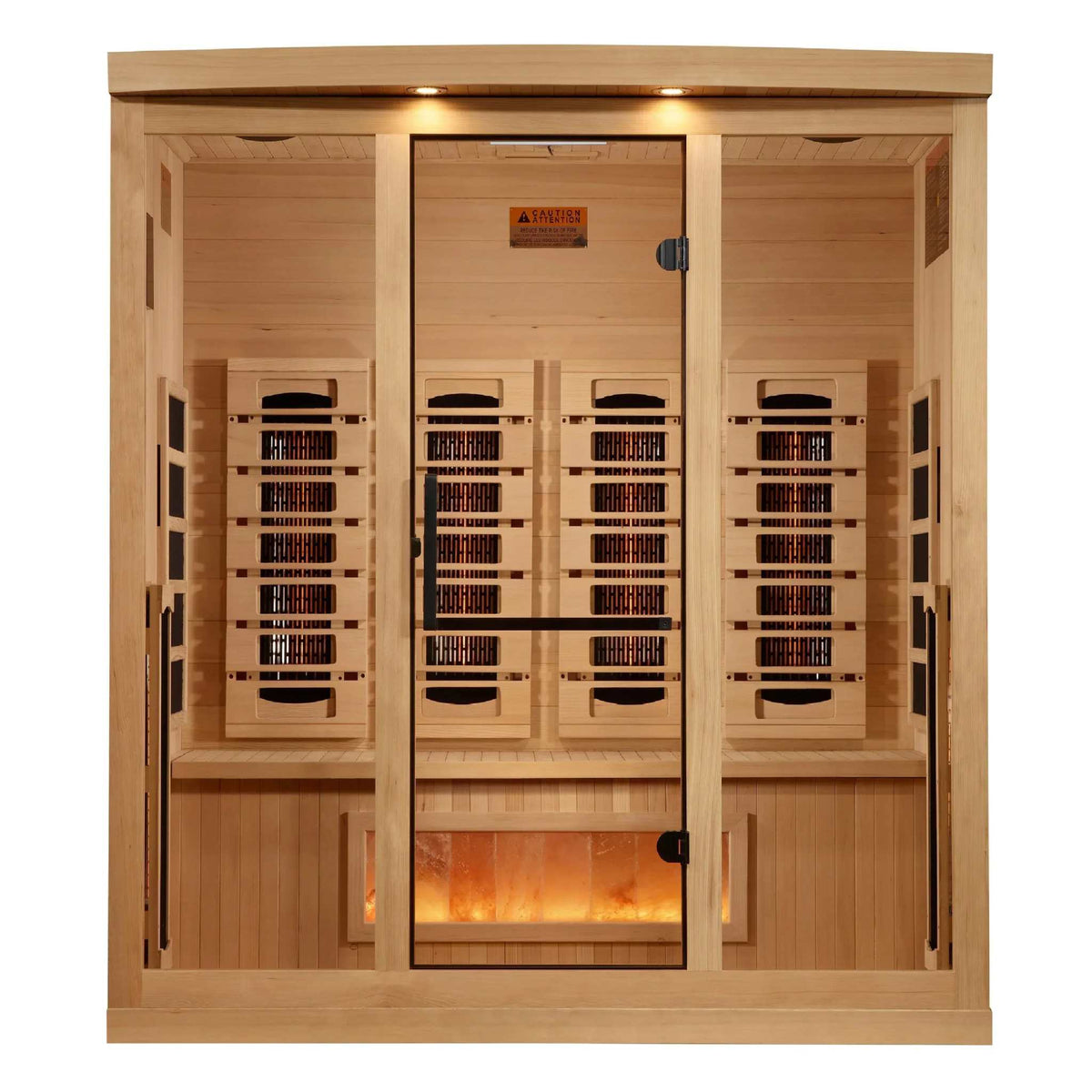 Golden Designs 4-Person infrared sauna in light hemlock wood, with a bronze glass door and visible heater panels