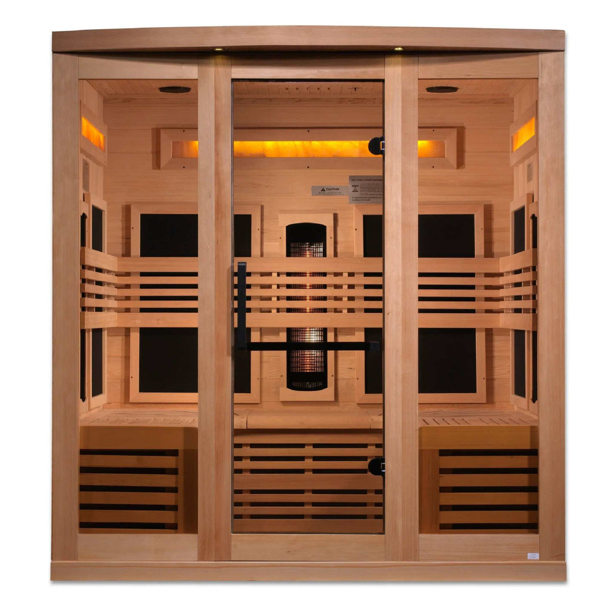 Golden Designs 6-Person infrared sauna in natural light wood with bronze glass door, slatted benches and orange accent lights