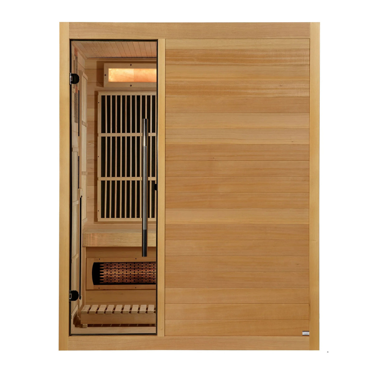 Golden Designs Soria hybrid sauna in light natural wood with bronze-tinted glass door and visible infrared heater panels