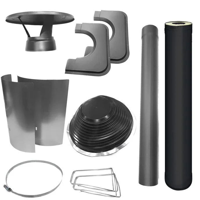 Harvia black stainless sauna chimney and assembly kit for flat roof barrel sauna installation with chimney pipe, roof flashing, rain cap, and mounting hardware