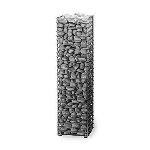 HUUM CLIFF 9kW Electric Sauna Heater with a tall slim stainless-steel wire frame packed with grey sauna stones