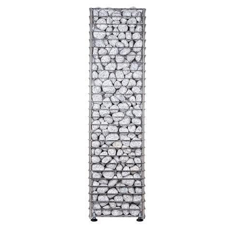 HUUM CLIFF MINI 4kW electric sauna heater with a tall, narrow stainless steel cage packed with grey stones