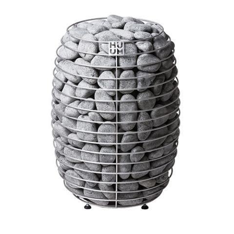 HUUM HIVE 15kW Electric Sauna Heater with a cylindrical stainless-steel wire cage filled with gray sauna stones