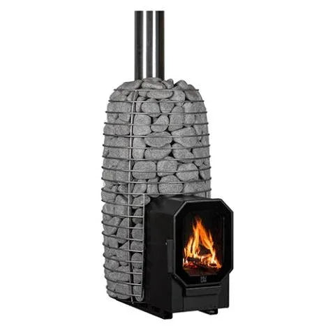 HUUM Hive Flow Mini wood-burning sauna heater with a black firebox, silver wire stone cage, gray stones and flue pipes