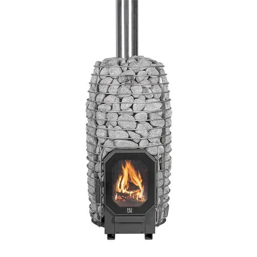 HUUM Hive Flow Mini Wood-Burning Heater in stainless steel, with a cylindrical cage of sauna stones and visible firebox