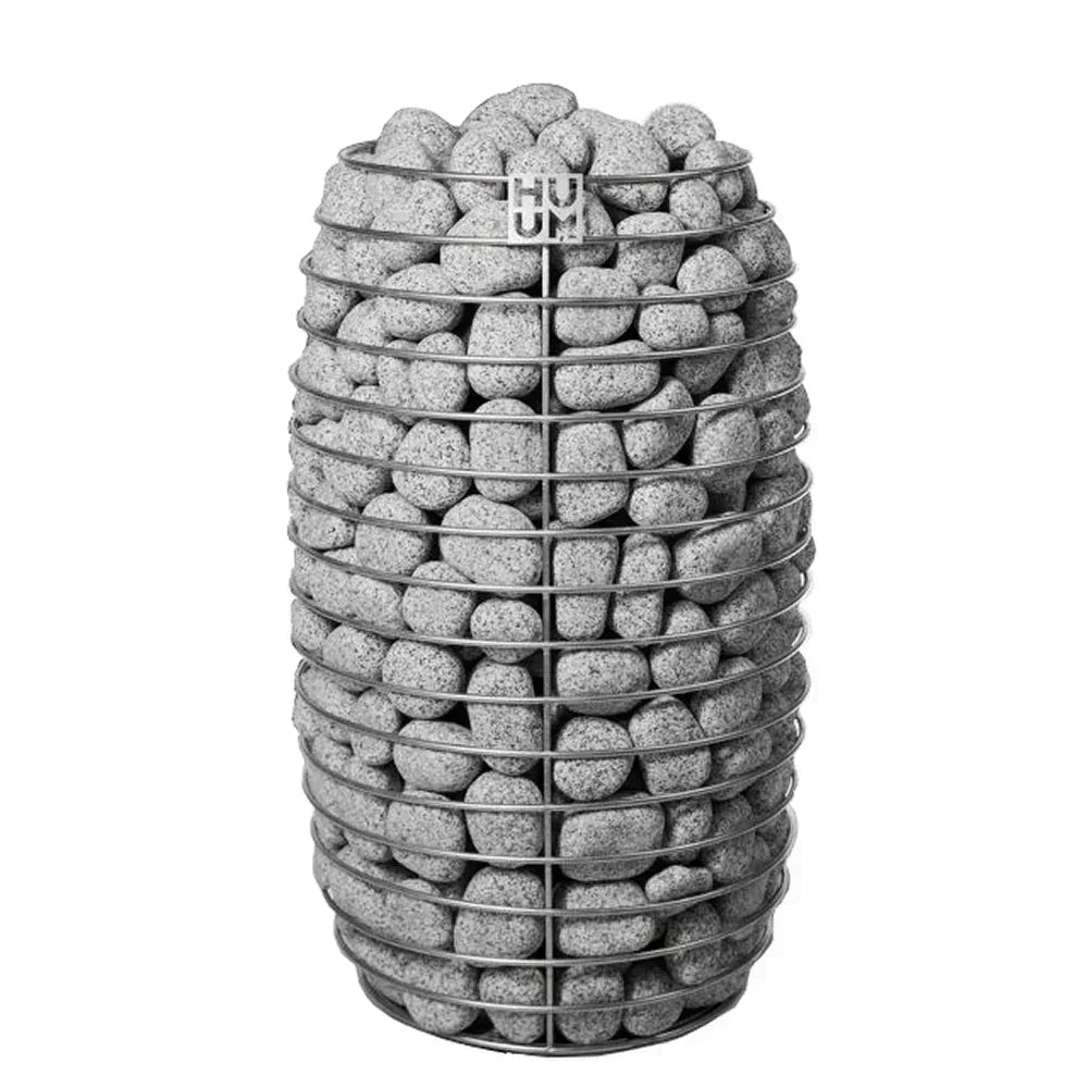 HUUM HIVE Mini 6kW Electric Sauna Heater with a cylindrical stainless steel cage packed with gray sauna stones
