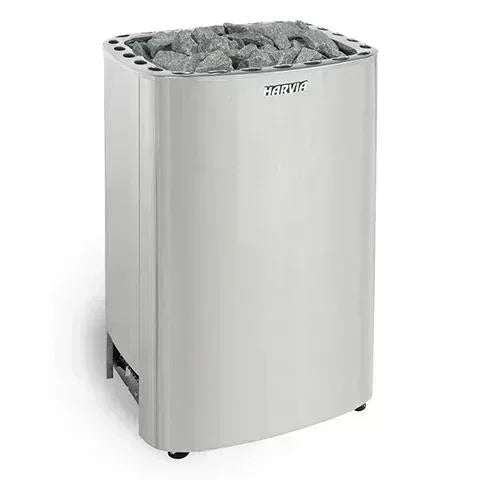 K10G Club Series sauna heater in brushed stainless steel, with a rounded rectangular body and sauna stones on top