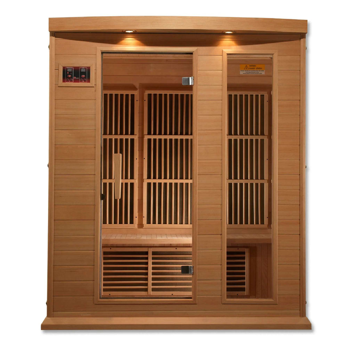 Maxxus 3-Person Low EMF sauna in natural-toned wood, with a broad glass front, slatted heaters, bench, and controls