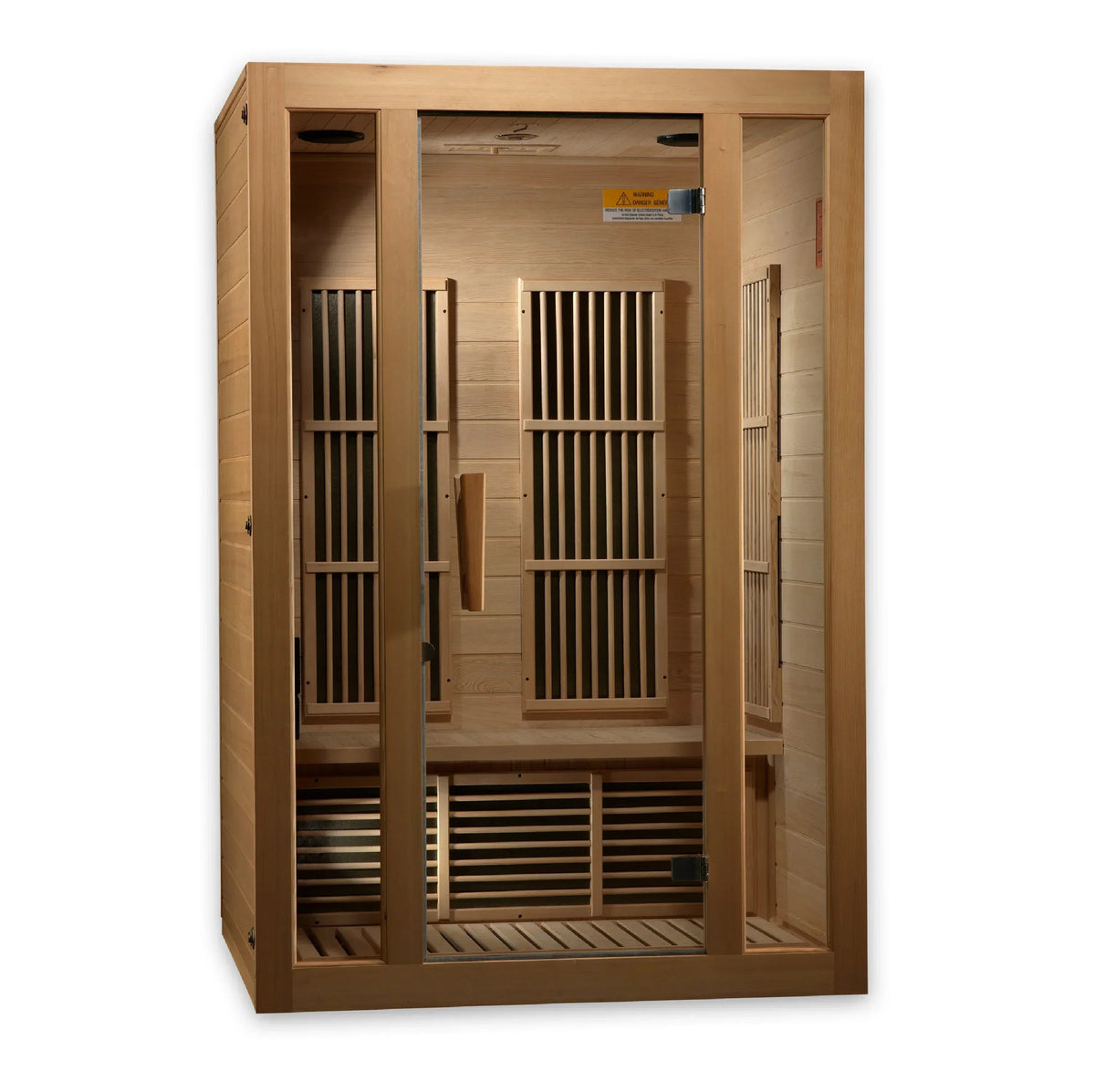 Maxxus Seattle 2-Person infrared sauna in natural light wood with clear glass door, side window and slatted heaters