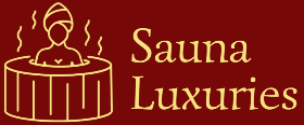 Sauna Luxuries logo banner with gold text and steam bath icon on deep red background